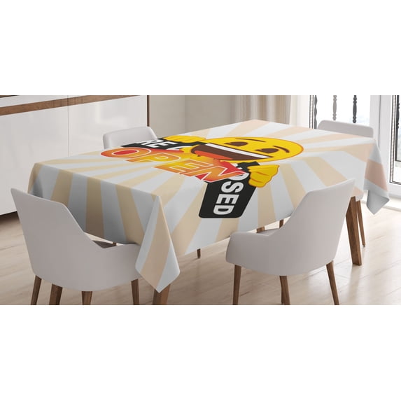 Ambesonne Emoji Tablecloth Rectangular Table Cover, We Are Open Writing Funny Art, 60"x84", Pale Peach Mustard Black