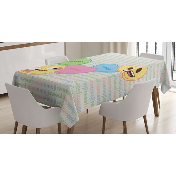 Ambesonne Emoji Tablecloth Rectangular Table Cover, Xoxo Written Hearts Cartoon, 60"x84", Pale Sage Green and Mustard