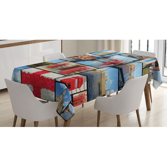 Ambesonne England Tablecloth Rectangular Table Cover, City Landmarks Floral, 60"x84", Blue Red