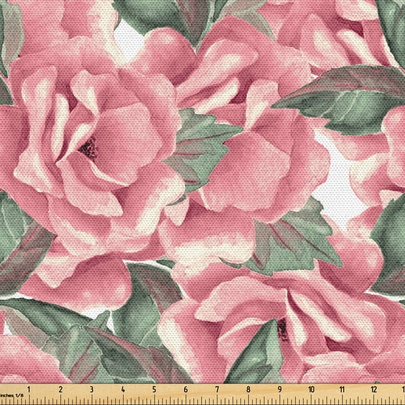 Ambesonne English Garden Fabric by the Yard Upholstery, Romantic Print Rose, 1 Yard, Pastel Pink Reseda Green