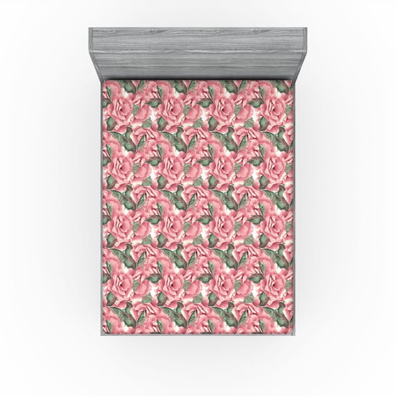 Ambesonne English Garden Fitted Sheet, Romantic Print Rose, King Size, Pastel Pink Reseda Green