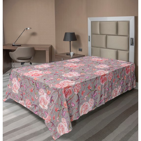 Ambesonne English Garden Flat Bedding Sheet Soft Top Sheet, Composition Floral, Twin, Pale Grey and Pastel Pink
