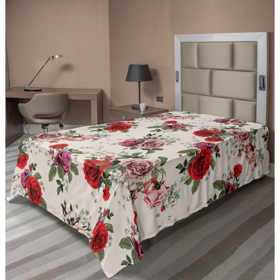 Ambesonne English Garden Flat Sheet, Romantic Roses, Twin Size, Champagne Multicolor