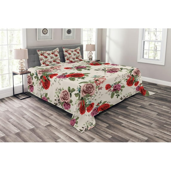Ambesonne English Garden Quilted Bedspread Set 3 Pcs, Romantic Roses, King Size, Champagne Multicolor