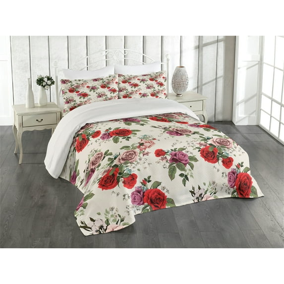 Ambesonne English Garden Quilted Coverlet 3 Pcs, Romantic Roses, King Size, Champagne Multicolor