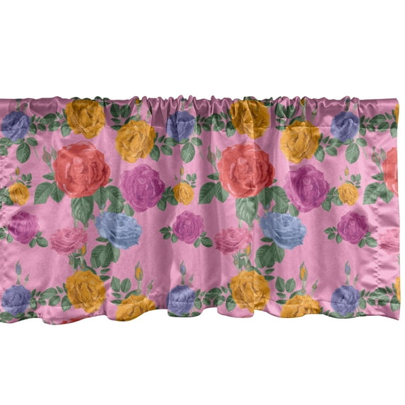 Ambesonne English Garden Window Valance, Creative Art Design Pattern with Colorful Roses, Curtain Valance for Kitchen Bedroom Decor with Rod Pocket, 54" X 12", Baby Pink and Multicolor