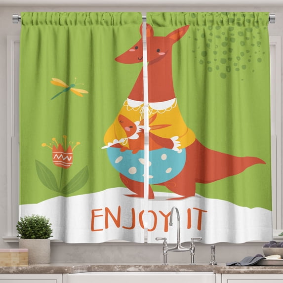 Ambesonne Enjoy It Kitchen Curtains, Kangaroo Cartoon Vector, 55"x45", Lime Green Multicolor