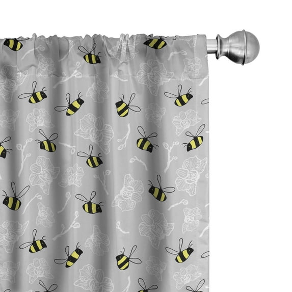 Ambesonne Entomology Curtains, Bumblebees and Orchids, Pair of 28"x84", Yellow Charcoal Grey