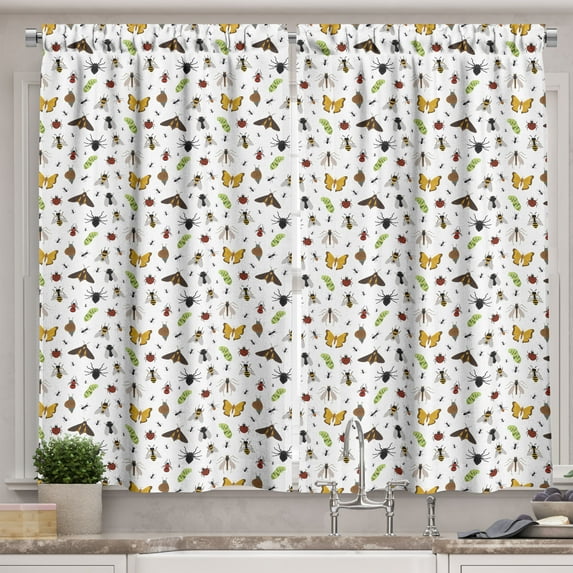 Ambesonne Entomology Kitchen Curtains, Wildlife Bugs Assortment, 55"x24", Multicolor