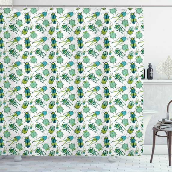 Ambesonne Entomology Shower Curtain, High Detailed Beetles, 69"Wx70"L, Hunter Green Mint Green