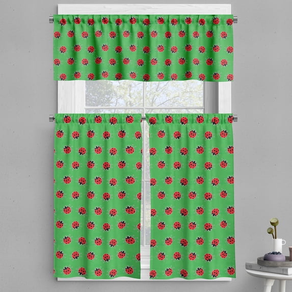 Ambesonne Entomology Valance & Curtain, Ladybugs on a Meadow, 55"x24", Fern Green Dark Coral