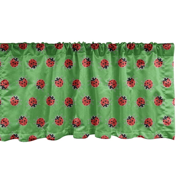 Ambesonne Entomology Window Valance, Ladybugs on a Meadow, 54" X 18", Fern Green Dark Coral