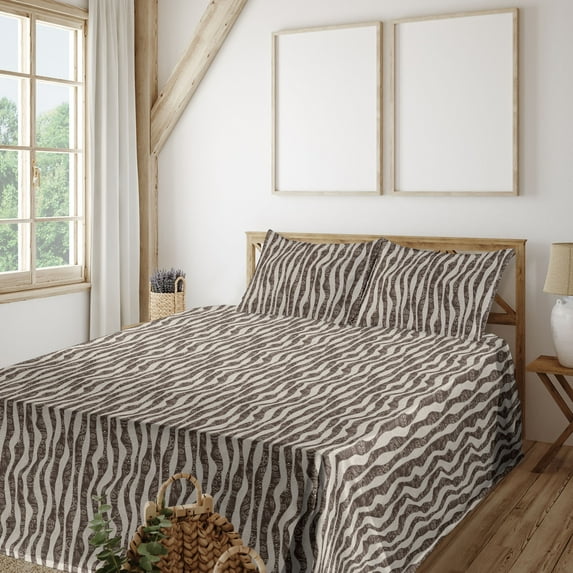 Ambesonne Esoteric Fitted & Flat Sheet with Shams 4 Pcs Set, Oriental Compass Star Map, King, Dark Cocoa Pale Grey
