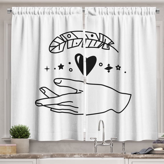 Ambesonne Esoteric Kitchen Curtains, Hand Heart Stars Dots Art, 55"x24", Charcoal Grey White