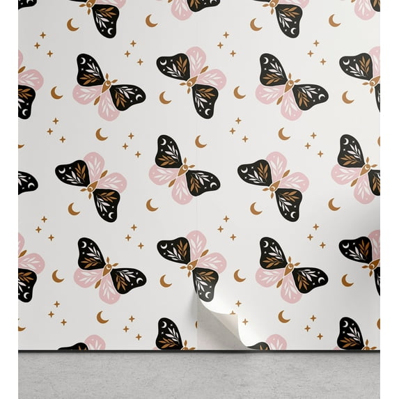 Ambesonne Esoteric Moth Peel & Stick Wallpaper for Home, Art Antique Astronomy, 13"x100", Ivory Rose Dark Mustard