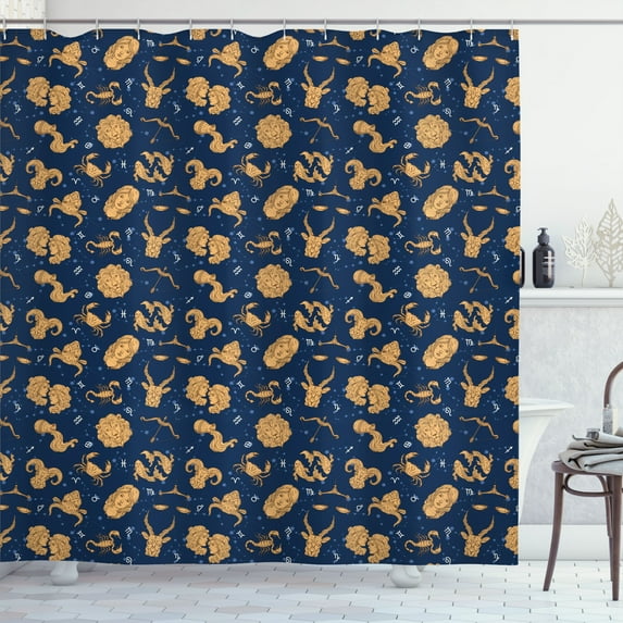 Ambesonne Esoteric Shower Curtain, Zodiac Signs Pattern Art, 69"Wx70"L, Night Blue Sand Brown