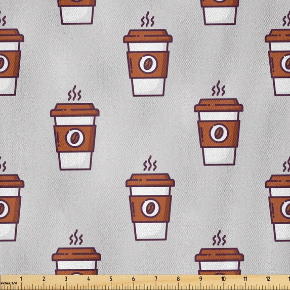 Ambesonne Espresso Grey Fabric by the Yard Microfiber, Coffee Cups Pattern, 1 Yard, Pale Grey Cinnamon