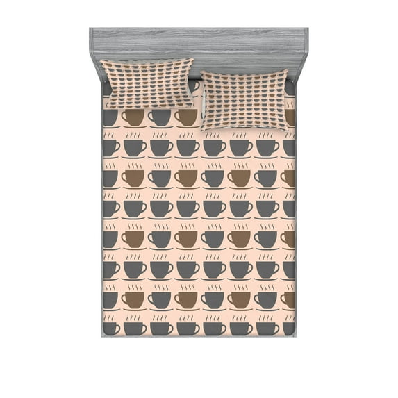 Ambesonne Espresso Grey Fitted Sheet & Pillow Sham Set, Hot Drink Cup, King, Pale Peach Grey Sepia