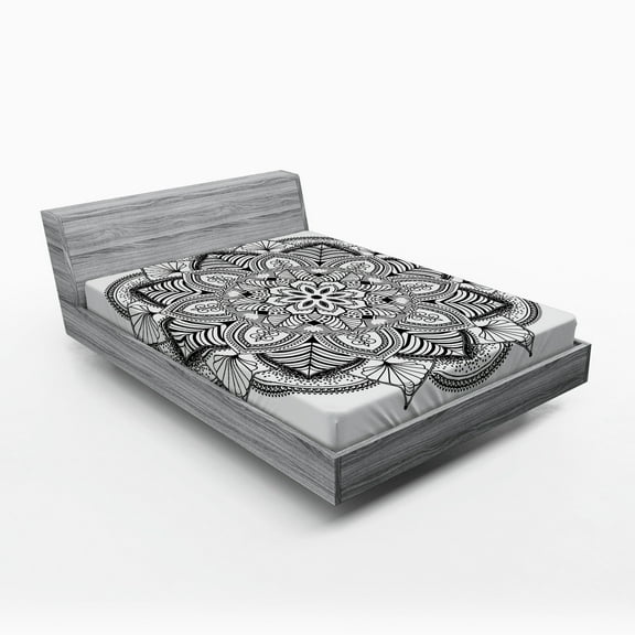 Ambesonne Ethic Fitted Sheet, Mandala Black White Art, Full Size, Black White