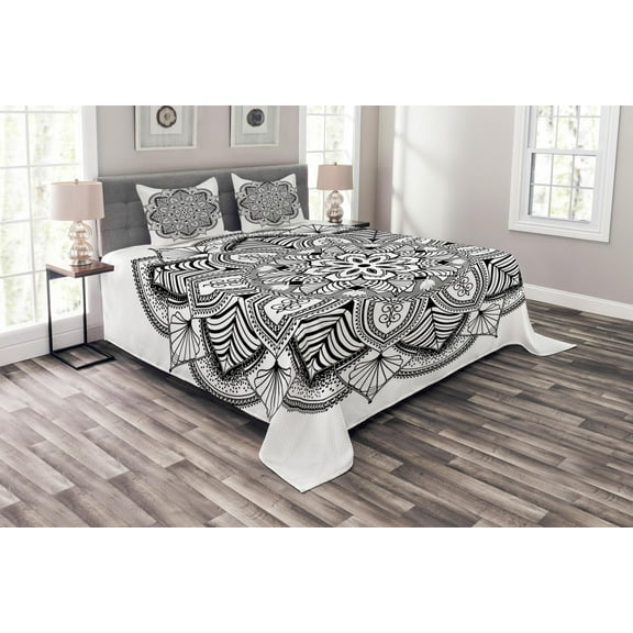 Ambesonne Ethic Quilted Bedspread Set 3 Pcs, Mandala Black White Art, Queen Size, Black White