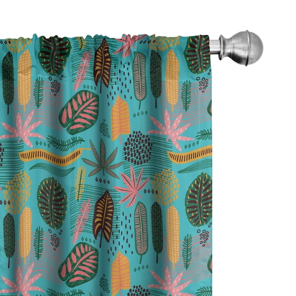 Ambesonne Ethnic Window Curtains, Colorful Tribal Leaves Art, Each 28" W x 63" L, Hunter Green Pastel Pink