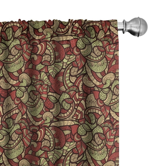 Ambesonne Ethnic Window Curtains, Doodle Swirls Floral, Each 28" W x 84" L, Dark Coral Green Beige
