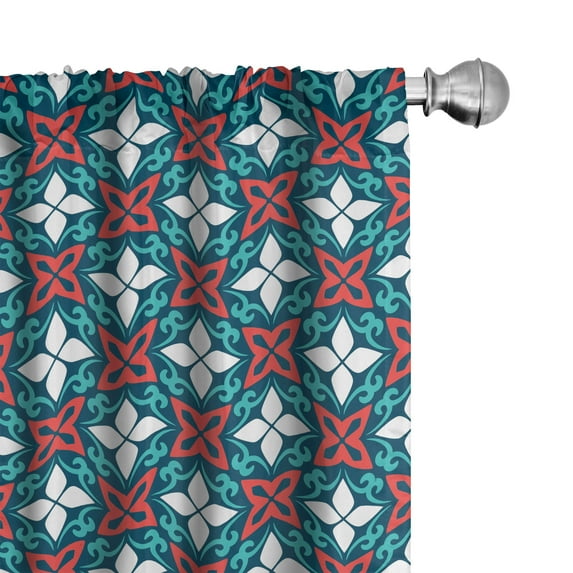 Ambesonne Ethnic Window Curtains, Geometric Arabic Floral Art, Each 28" W x 95" L, Dark Coral Seafoam and Blue