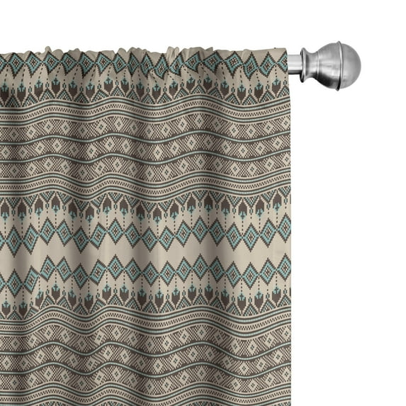 Ambesonne Ethnic Window Curtains, Geometric Horizontal Lines, Each 28" W x 84" L, Pale Mustard Teal Grey