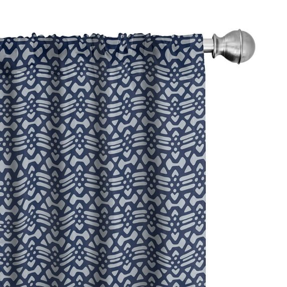 Ambesonne Ethnic Window Curtains, Tribal Lines Dots Ornament, Each 28" W x 84" L, Indigo Pale Grey