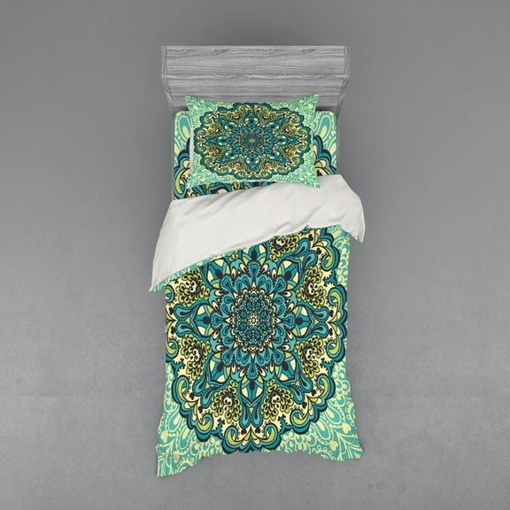 Ambesonne Ethnic Bedding Set 3 Pcs, Abstract Flower Vibrant, Twin XL, Pale Yellow Turquoise