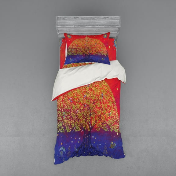 Ambesonne Ethnic Bedding Set 3 Pcs, Eastern Art, Twin, Scarlet Blue