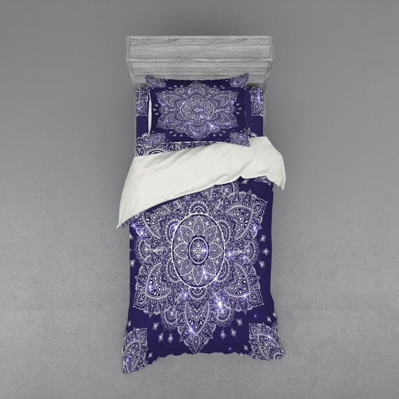 Ambesonne Ethnic Bedding Set 3 Pcs, Floral Round Retro Ornament, Twin, Lavender Blue Indigo