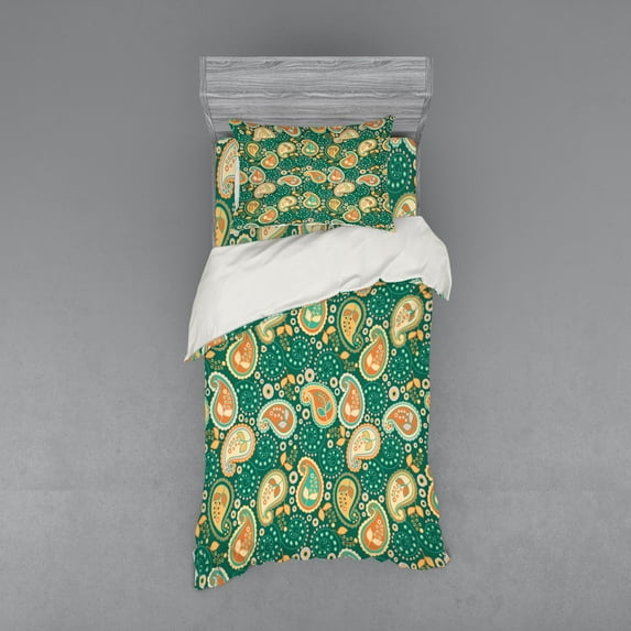 Ambesonne Ethnic Bedding Set 3 Pcs, Folkloric Paisley Flowers, Twin, Apricot Hunter Green