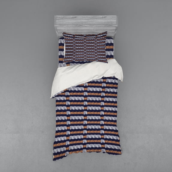 Ambesonne Ethnic Bedding Set 3 Pcs, Horizontal Irregular Stripes, Twin, Indigo Ginger White