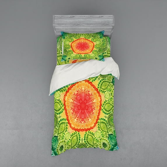 Ambesonne Ethnic Bedding Set 3 Pcs, Lace Mandala Hippie Style, Twin XL, Yellow Green Blue