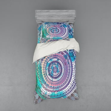 Ambesonne Ethnic Bedding Set 3 Pcs, Mandala Eastern, Twin, Lilac and Blue
