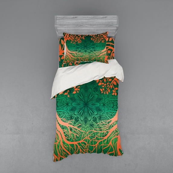 Ambesonne Ethnic Bedding Set 3 Pcs, Mandalas, Twin, Orange Green