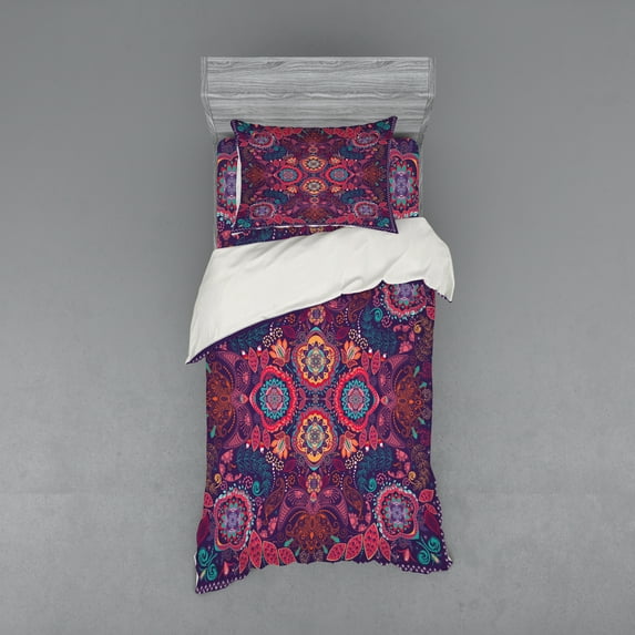 Ambesonne Ethnic Bedding Set 3 Pcs, Modern Paisley Dot Leaf, Twin, Multicolor