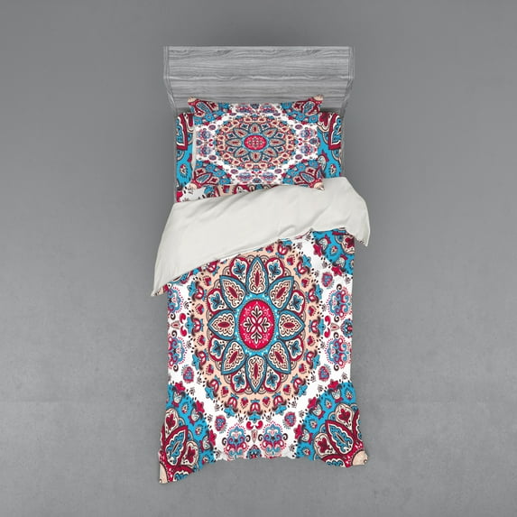 Ambesonne Ethnic Bedding Set 3 Pcs, Oriental Style Floral Retro, Twin XL, Turquoise Pale Pink