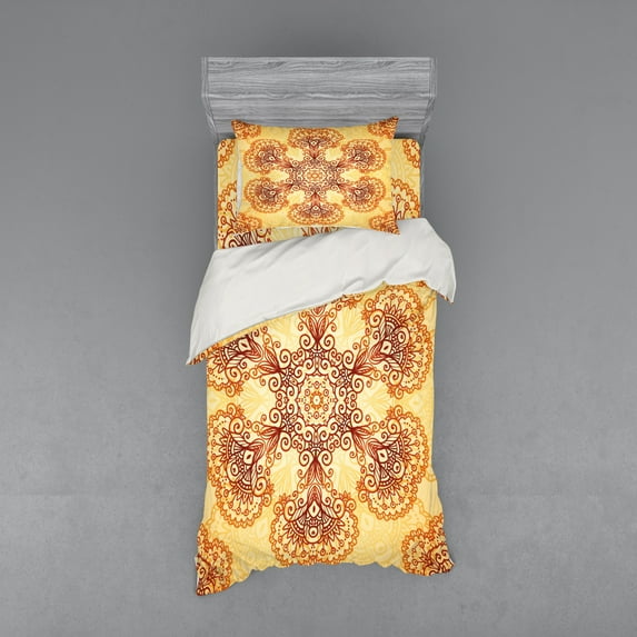 Ambesonne Ethnic Bedding Set 3 Pcs, Oriental Vintage Ornaments, Twin, Dark Orange Apricot