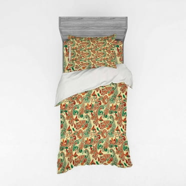 Ambesonne Ethnic Bedding Set 3 Pcs, Paisley Style Leaves, Twin, Hunter Green Ruby Orange
