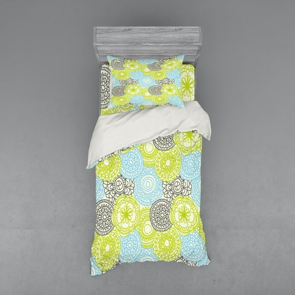 Ambesonne Ethnic Bedding Set 3 Pcs, Pastel Folk Style Flower, Twin XL, Apple Green Aqua Grey