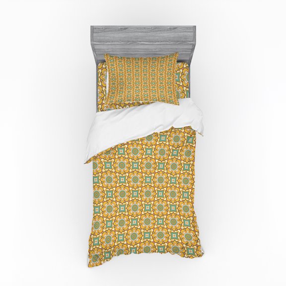 Ambesonne Ethnic Bedding Set 3 Pcs, Petals and Leaves, Twin, Mint Mustard and Orange