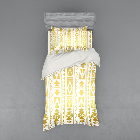 Ambesonne Ethnic Bedding Set 3 Pcs, Prehistoric Ombre Borders, Twin XL, Yellow and White