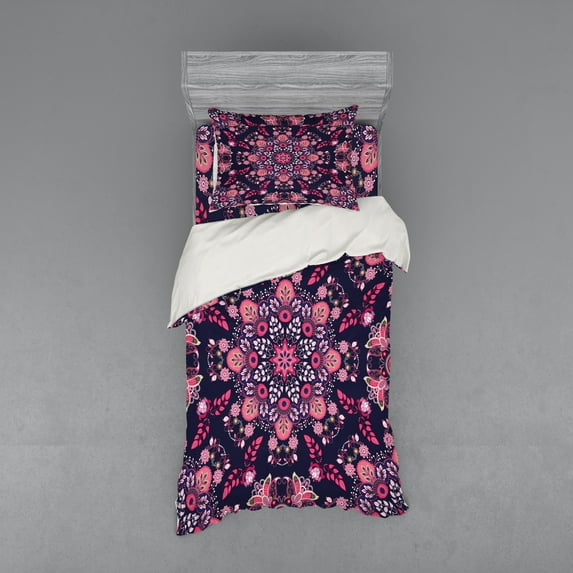 Ambesonne Ethnic Bedding Set 3 Pcs, Spring Blossoms, Twin XL, Indigo Pink Pale Pink