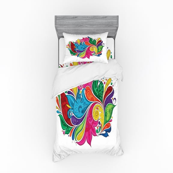 Ambesonne Ethnic Bedding Set 3 Pcs, Vibrant Colorful Leaves, Twin XL, Multicolor