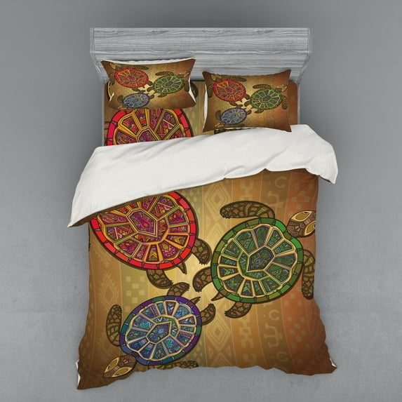 Ambesonne Ethnic Bedding Set 4 Pcs, 3 Turtles Ornamental, Queen, Multicolor