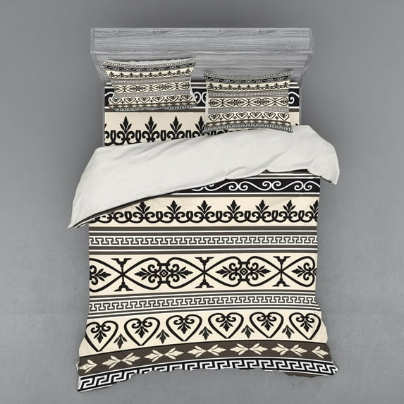 Ambesonne Ethnic Bedding Set 4 Pcs, Antique Leaves, Queen, Taupe Black Tan