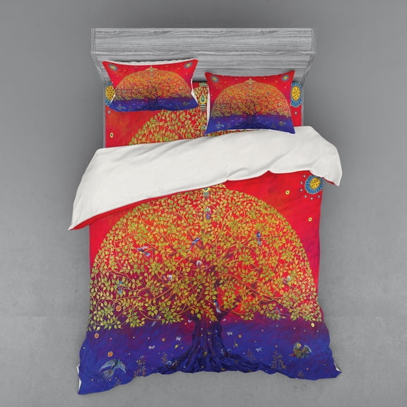 Ambesonne Ethnic Bedding Set 4 Pcs, Eastern Art, Queen, Scarlet Blue