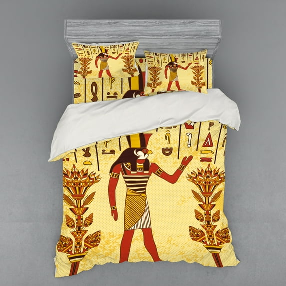 Ambesonne Ethnic Bedding Set 4 Pcs, Egyptian Hieroglyph Myth, Queen, Pale Yellow Marigold Red